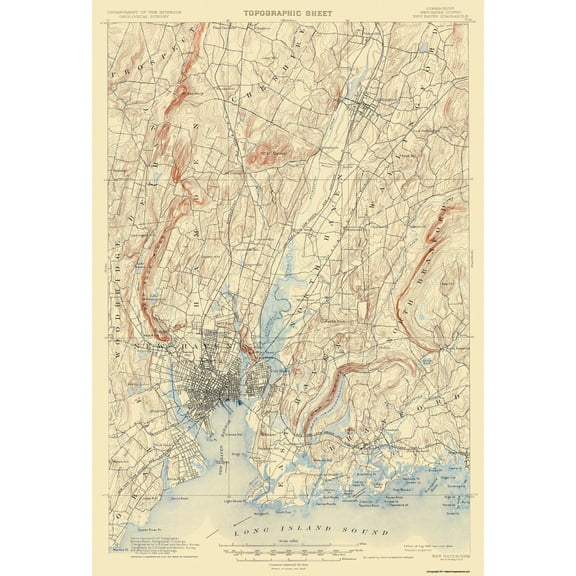Topographical Map - New Haven Connecticut Quad - USGS 1892 - 23 x 33.78 - Vintage Wall Art