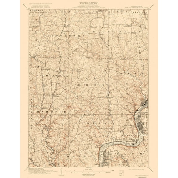 Topographical Map - New Kensington Pennsylvania Quad - USGS 1910 - 23 x 29.62 - Vintage Wall Art