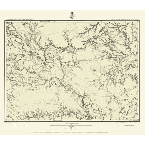 Topographical Map - New Mexico Central New Mexico Sheet - US Army 1877 - Vintage Wall Art