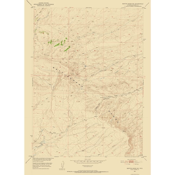 Topographical Map - North East Benton Basin Wyoming Quad - USGS 1951 - 23 x 31.84 - Vintage Wall Art