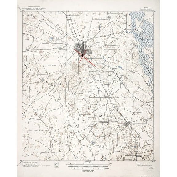 Topographical Map - Ocala Florida Quad - USGS 1895 - 23 x 28.34 - Vintage Wall Art
