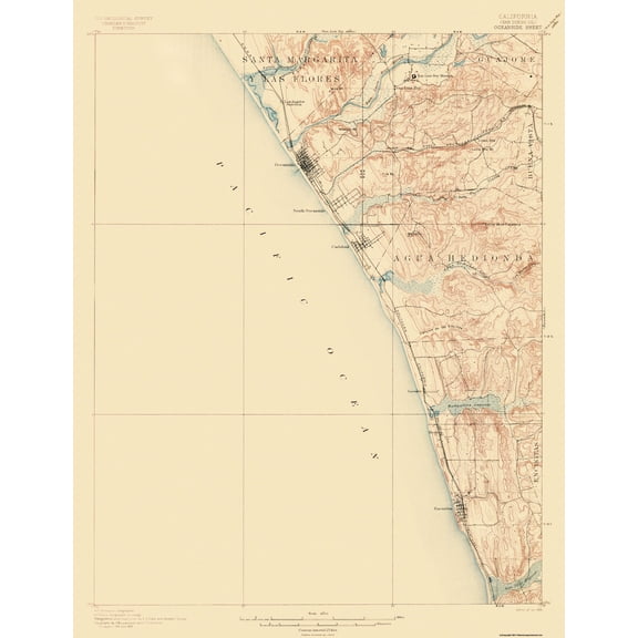Topographical Map - Oceanside California Sheet - USGS 1901 - Vintage Wall Art