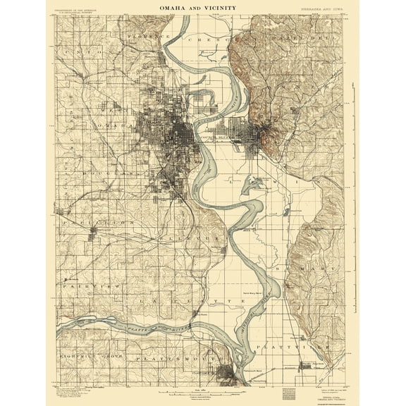 Topographical Map - Omaha Vicinity Nebraska Iowa Quad - USGS 1898 - 23 x 29.77 - Vintage Wall Art