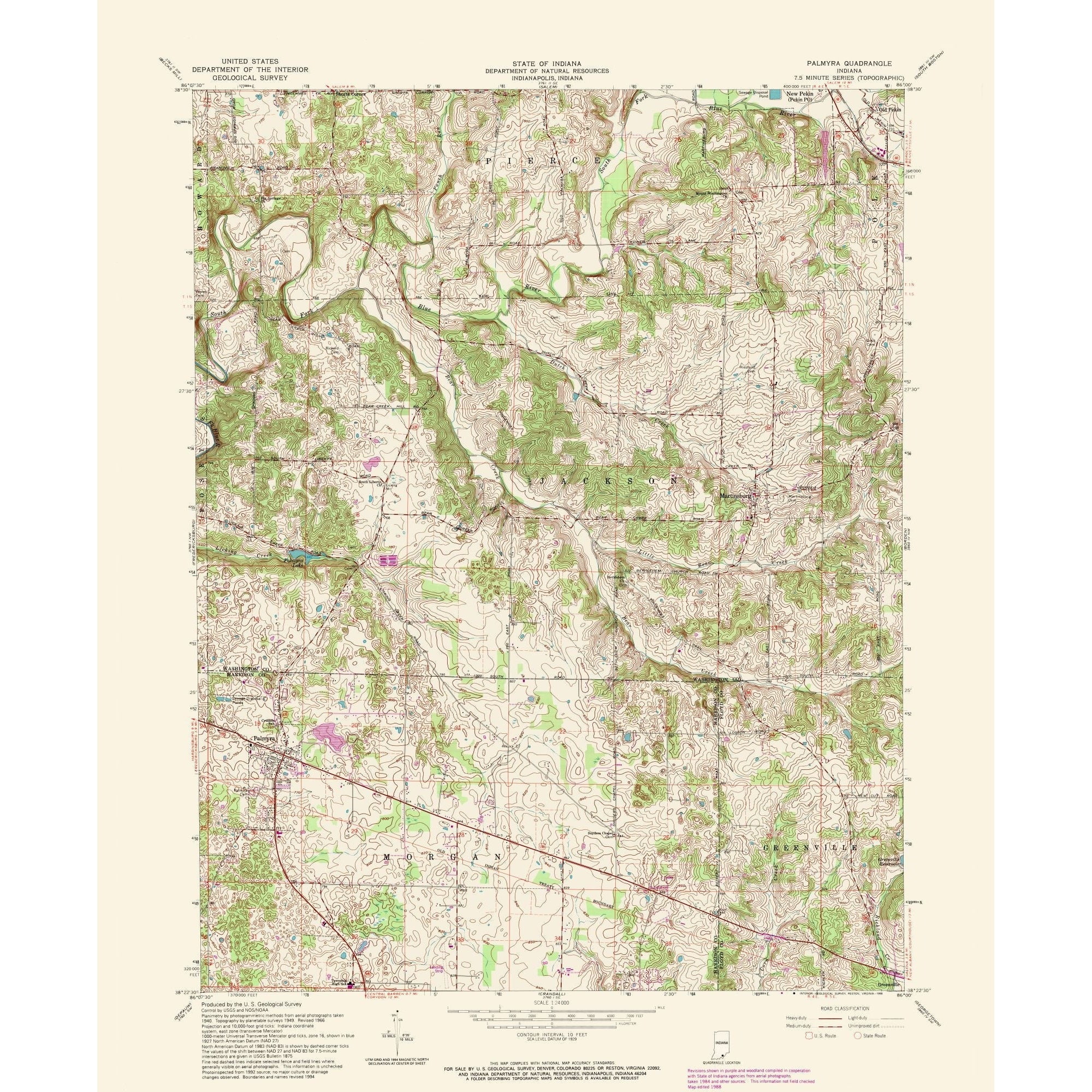 Topographical Map - Palmyra Indiana Quad - USGS 1988 - 23 x 28.00 ...
