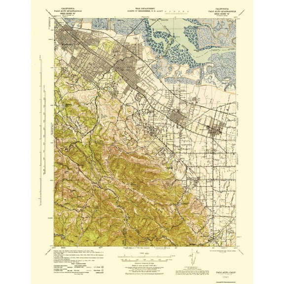 Topographical Map - Palo Alto California Quad - USGS 1943 - 23 x 29.75 - Vintage Wall Art