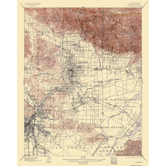 Topographical Map - Pasadena California Quad - USGS 1900 - Vintage Wall Art