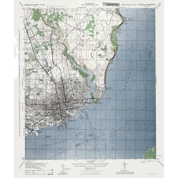 Topographical Map - Pensacola Florida Quad - US Army 1944 - Vintage Wall Art