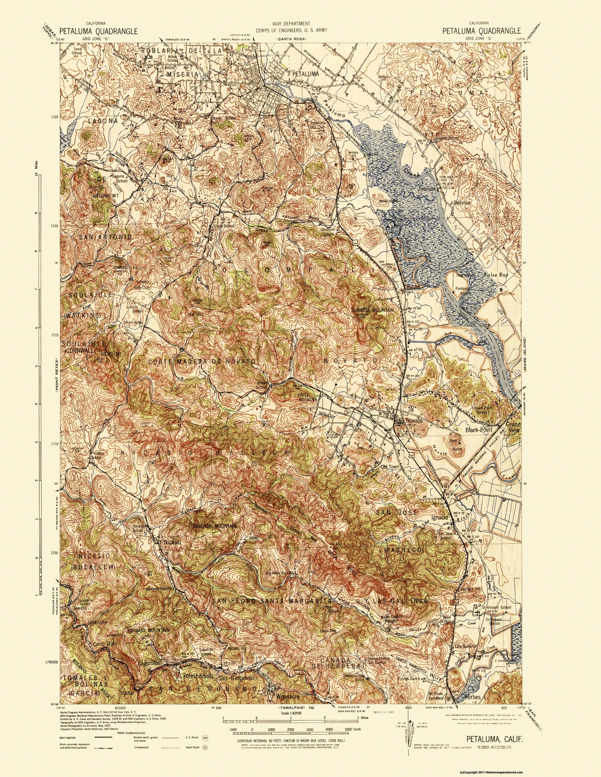 Topographical Map - Petaluma California Quad - USGS 1942 - 23 x 29.75 ...