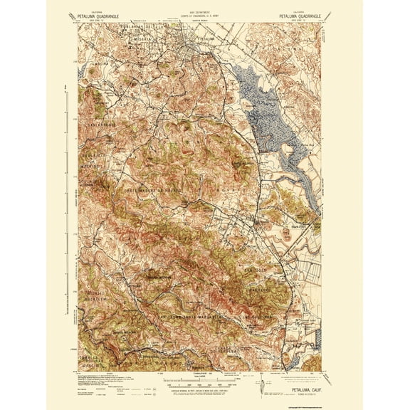 Topographical Map - Petaluma California Quad - USGS 1942 - Vintage Wall Art