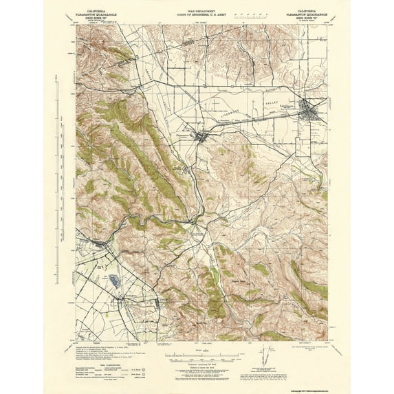 Topographical Map - Pleasanton California Quad - USGS 1943 - Vintage Wall Art