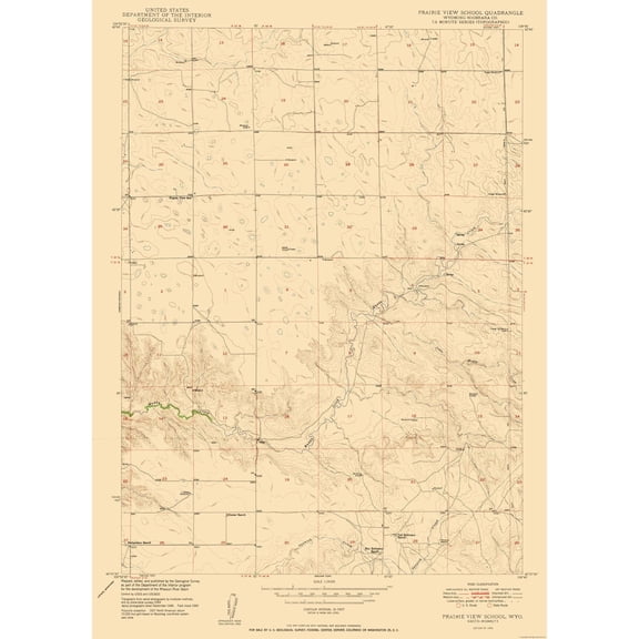 Topographical Map - Prairie View School Wyoming Quad - USGS 1950 - Vintage Wall Art