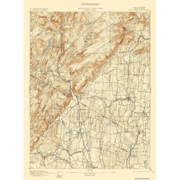 Topographical Map - Ramapo New York New Jersey Quad - USGS 1893 - Vintage Wall Art