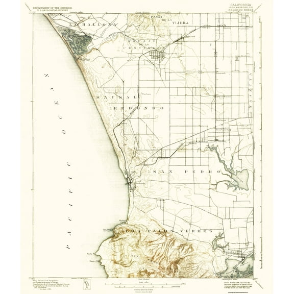 Topographical Map - Redondo California Sheet - USGS 1896 - Vintage Wall Art