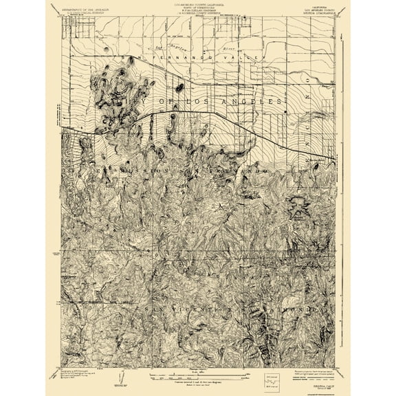 Topographical Map - Reseda California Quad - USGS 1928 - Vintage Wall Art