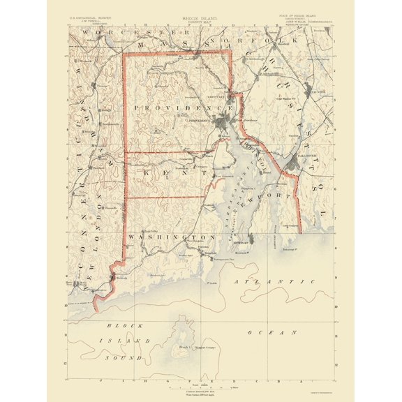 Topographical Map - Rhode Island Counties - USGS 1891 - 23 x 30.02 - Vintage Wall Art