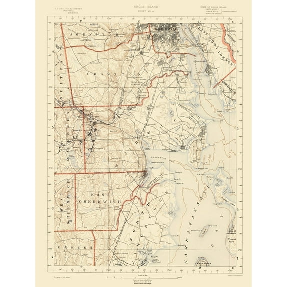 Topographical Map - Rhode Island Sheet 4 - USGS 1891 - 23 x 30.42 - Vintage Wall Art