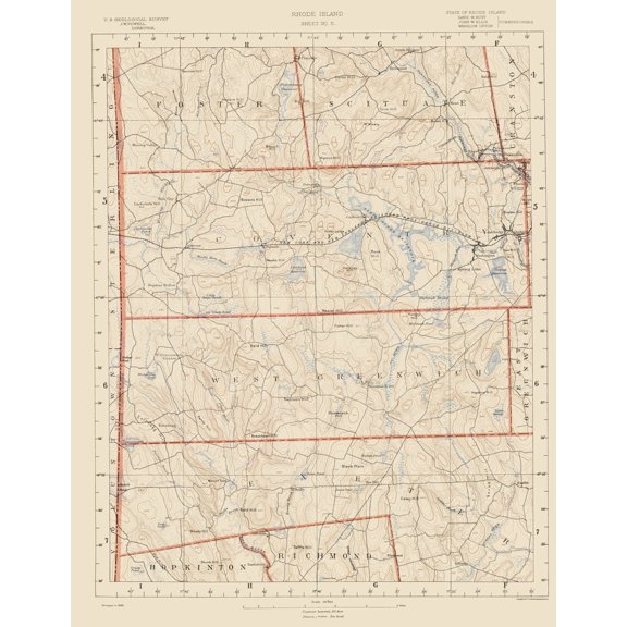 Topographical Map - Rhode Island Sheet 5 - USGS 1891 - 23 x 29.65 - Vintage Wall Art