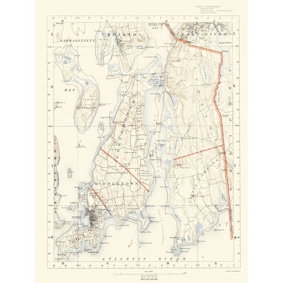 Topographical Map - Rhode Island Sheet 6 - USGS 1891 - 23 x 30.57 - Vintage Wall Art
