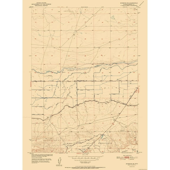 Topographical Map - Riverton Wyoming Quad - USGS 1952 - 23 x 31.30 - Vintage Wall Art