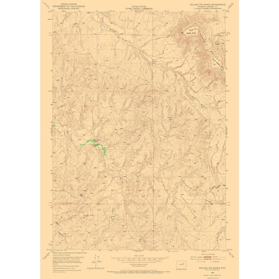 Topographical Map - Rolling Pin Ranch Wyoming Quad - USGS 1953 - 23 x 32.28 - Vintage Wall Art
