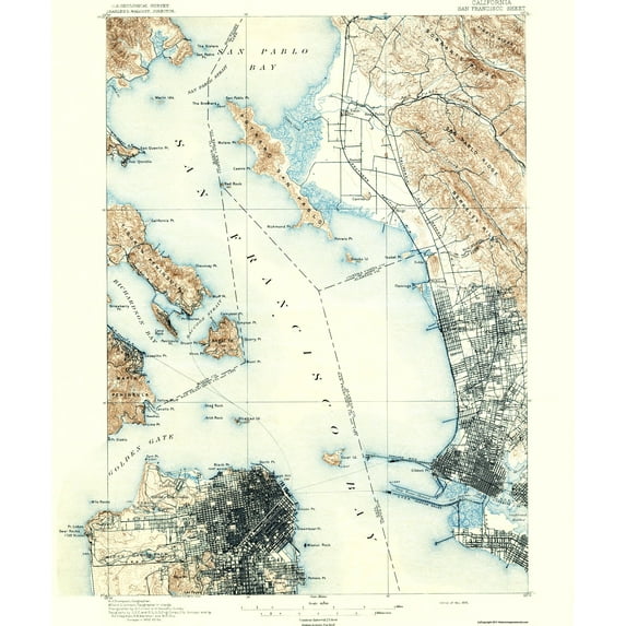 Topographical Map - San Francisco California Sheet - USGS 1895 - Vintage Wall Art