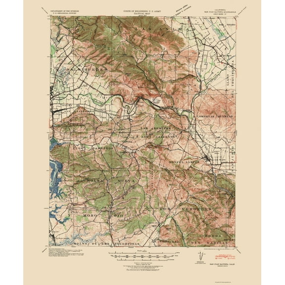 Topographical Map - San Juan Bautista California Quad - USGS 1940 - 23 x 27.52 - Vintage Wall Art