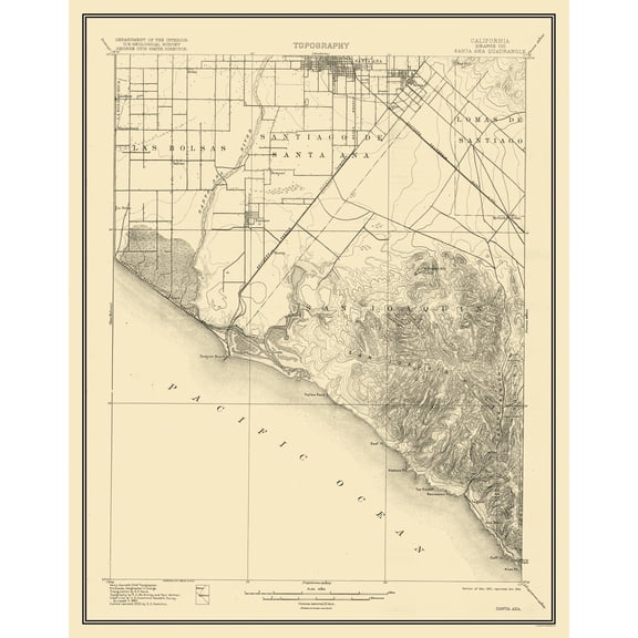 Topographical Map - Santa Ana California Quad - USGS 1901 - Vintage Wall Art