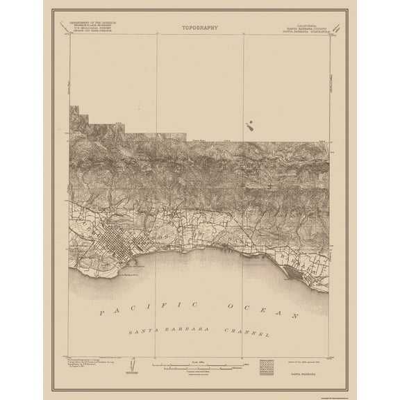 Topographical Map - Santa Barbara California Quad - USGS 1903 - 23 x 29.29 - Vintage Wall Art