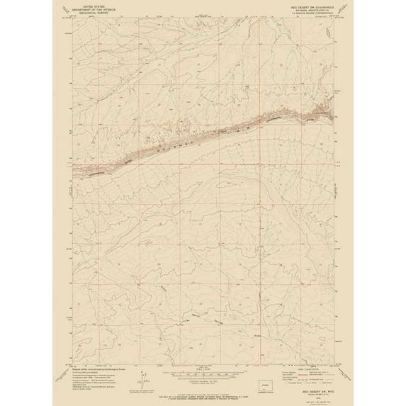Topographical Map - South West Red Desert Wyoming Quad - USGS 1970 - Vintage Wall Art
