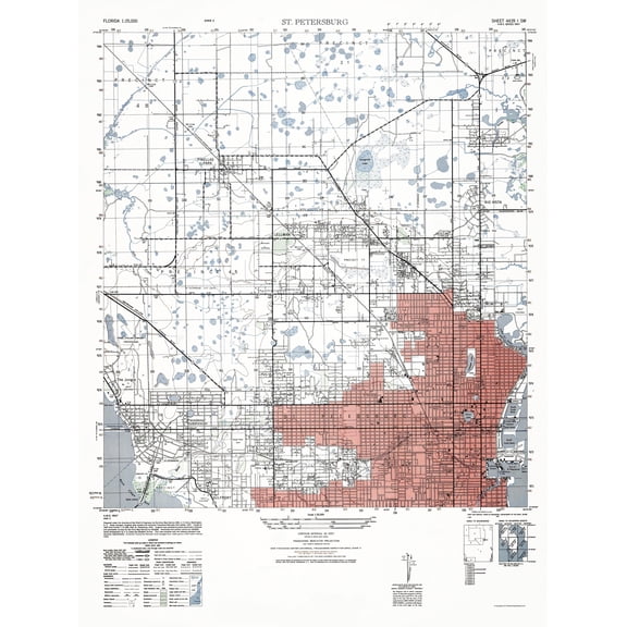 Topographical Map - St Petersburg Florida Sheet - US Army 1947 - 23 x 30.67 - Vintage Wall Art