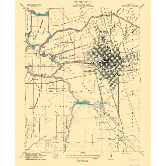 Topographical Map - Stockton California Quad - USGS 1913 - Vintage Wall Art