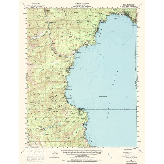 Topographical Map - Tahoe California Nevada Quad - USGS 1955 - Vintage Wall Art