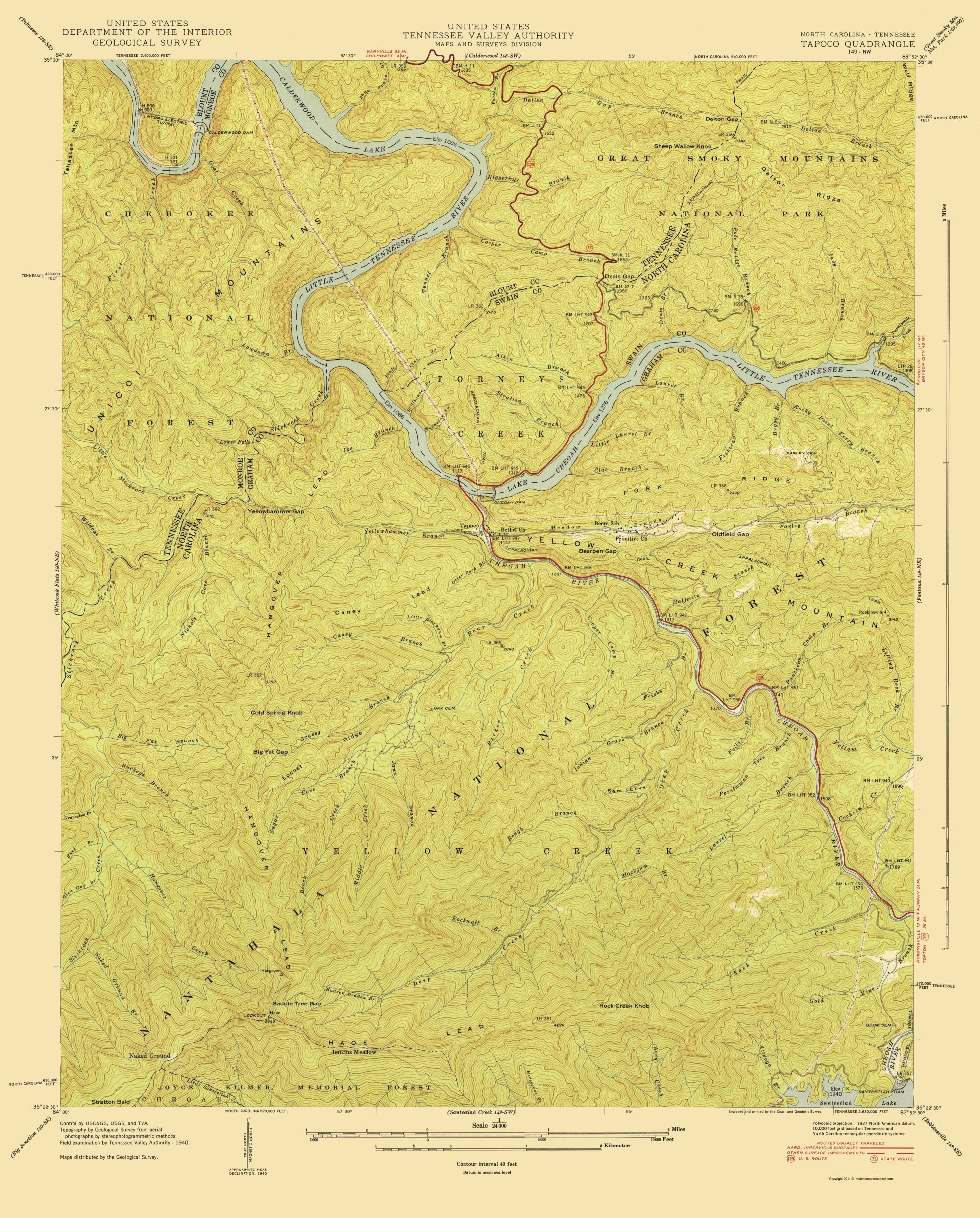 Tapoco Map Topographical Map - Tapoco North Carolina Tennessee Quad - USGS 1940 ...