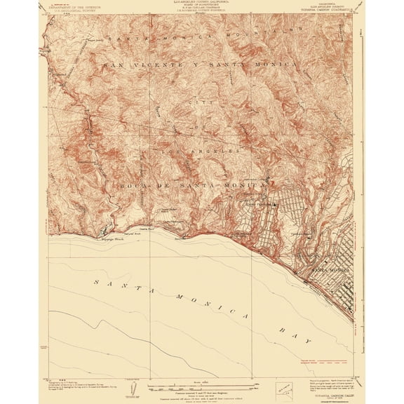 Topographical Map - Topanga Canyon California Quad - USGS 1928 - 23 x 28.44 - Vintage Wall Art