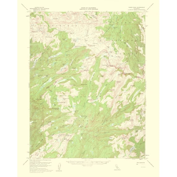 Topographical Map - Tower Peak California Quad - USGS 1956 - Vintage Wall Art