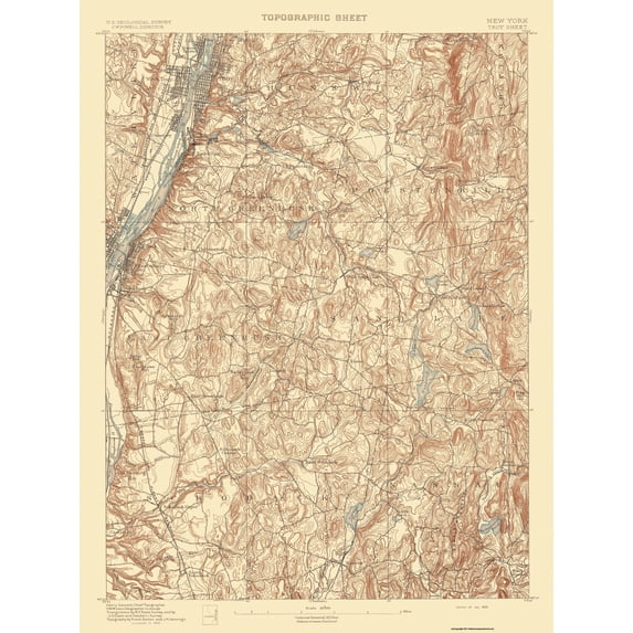 Topographical Map - Troy New York Sheet - USGS 1893 - Vintage Wall Art