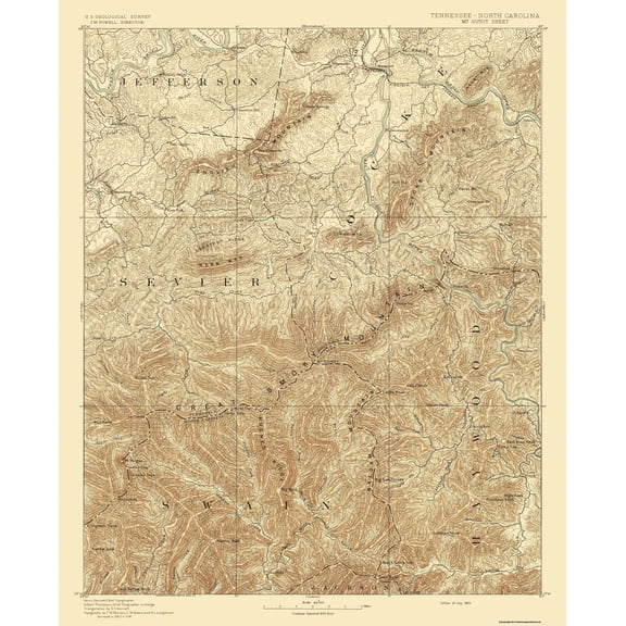 Topographical Map - Mt Guyot Tennessee North Carolina Sheet - USGS 1893 - Vintage Wall Art