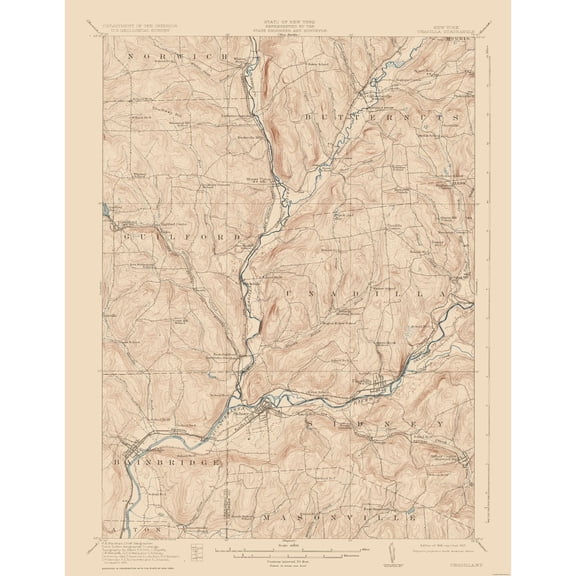Topographical Map - Unadilla New York Quad - USGS 1918 - Vintage Wall Art