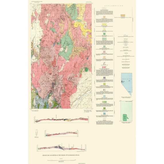 Topographical Map - Virginia City Nevada Quad - USGS 1952 - Vintage Wall Art