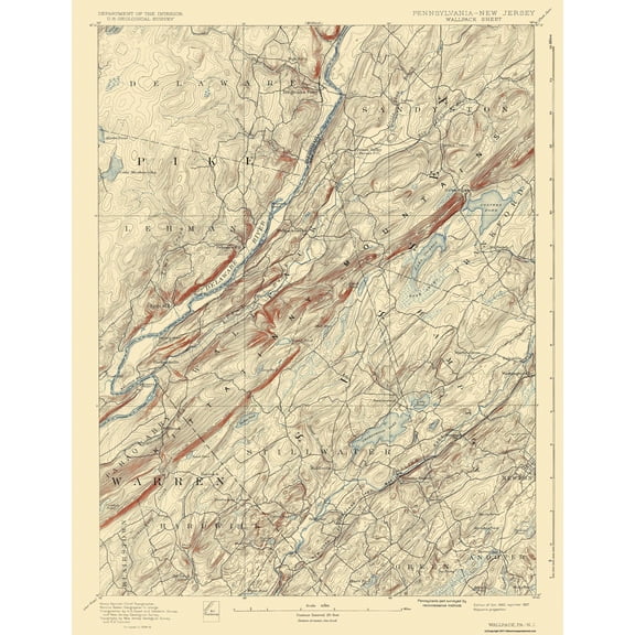 Topographical Map - Wallpack Pennsylvania New Jersey Quad - USGS 1893 - 23 x 29.64 - Vintage Wall Art
