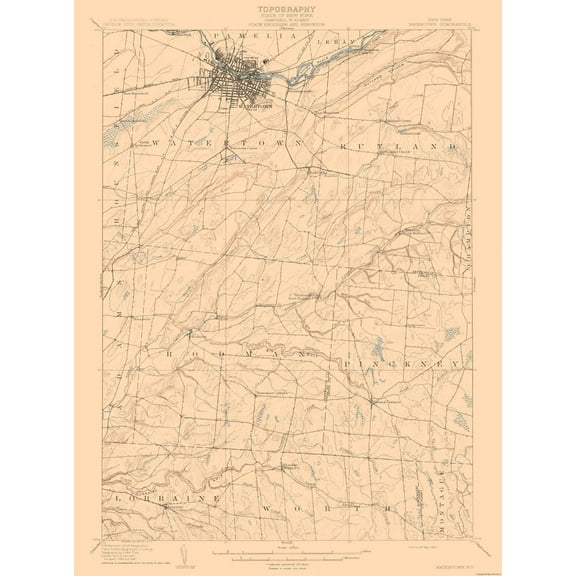 Topographical Map - Watertown New York Quad - USGS 1909 - 23 x 30.96 - Vintage Wall Art