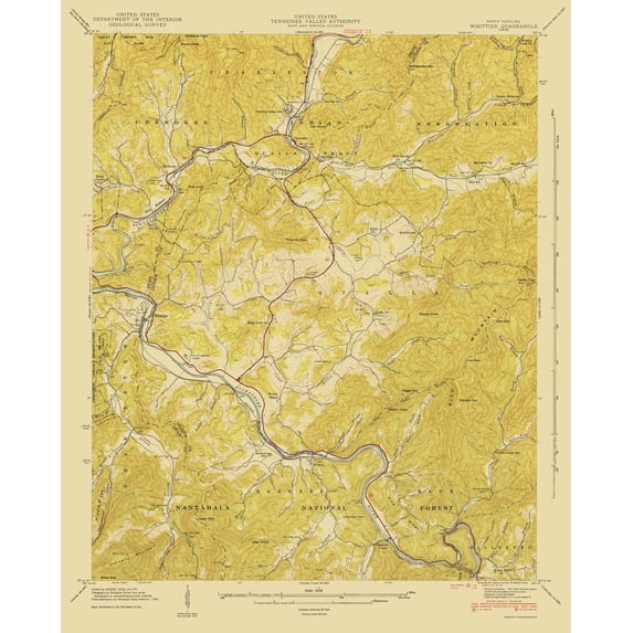 Topographical Map - Whittier North Carolina Quad - USGS 1935 - Vintage Wall Art