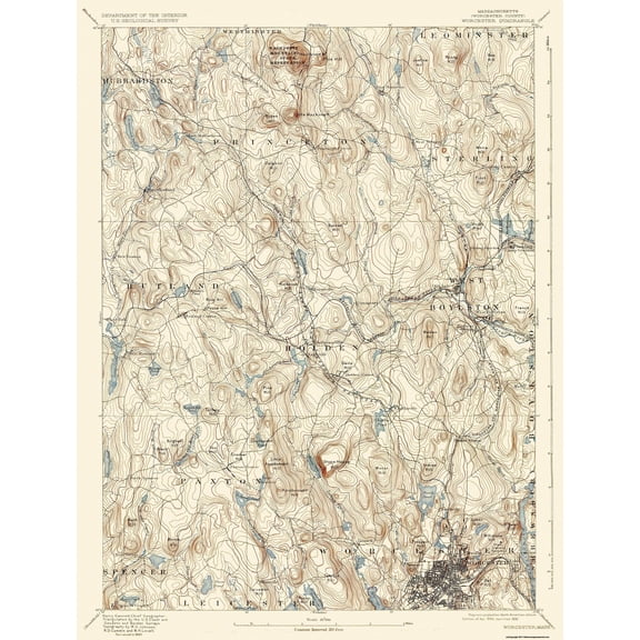 Topographical Map - Worcester Massachusetts Quad - USGS 1892 - 23 x 30.21 - Vintage Wall Art