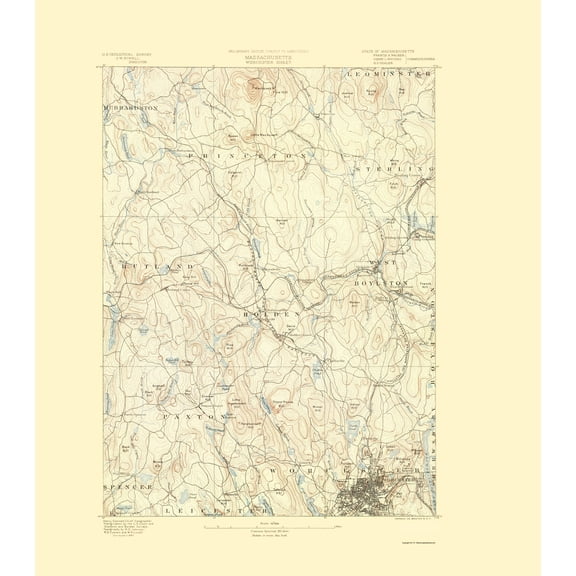 Topographical Map - Worcester Massachusetts Sheet - USGS 1890 - 23 x 26.14 - Vintage Wall Art