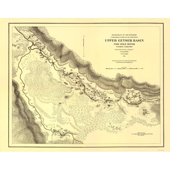 Topographical Map - Wyoming Territory Upper Geyser Basin Fire Hole River - USGS 1871 - 23 x 29 - Vintage Wall Art
