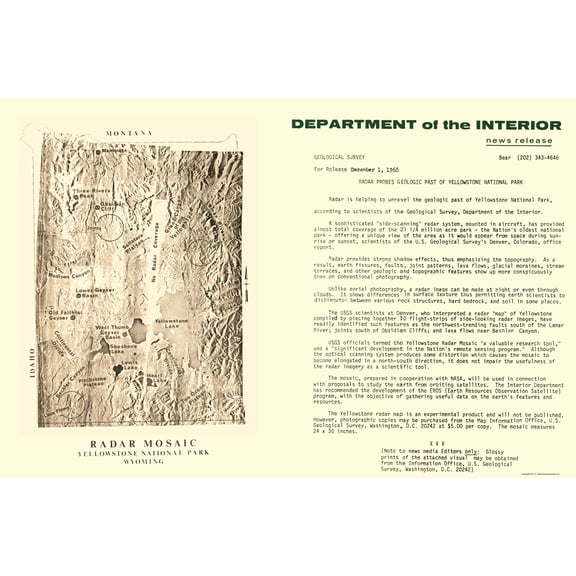Topographical Map - Yellowstone National Park Radar Mosaic - USGS 1968 - Vintage Wall Art