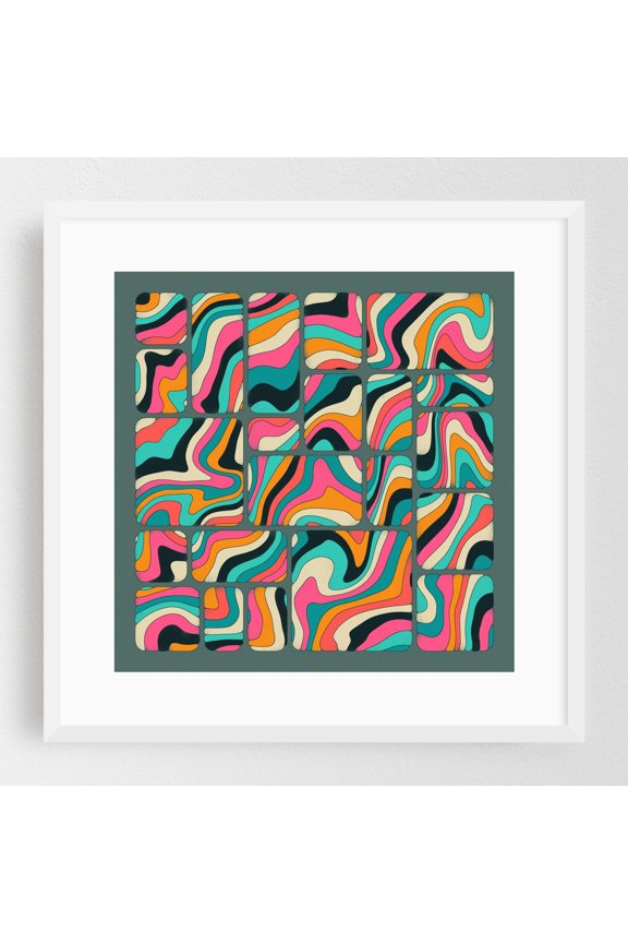 Topography (2) - Illustration Psychedelic Abstract Geometric Modern Art Pattern Retro Pop Art White Framed Wall Art Print 12 x 12 inches