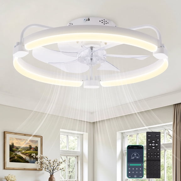 Topotdor 20" Ceiling Fan with Light, APP&Remote Control, 6 Speed Reversible Quiet Motor, Aluminum Low Profile Flush Mount Ceiling Fan, 3000–6000K Dimmable LED Fandelier Ceiling Fan for Bedroom White