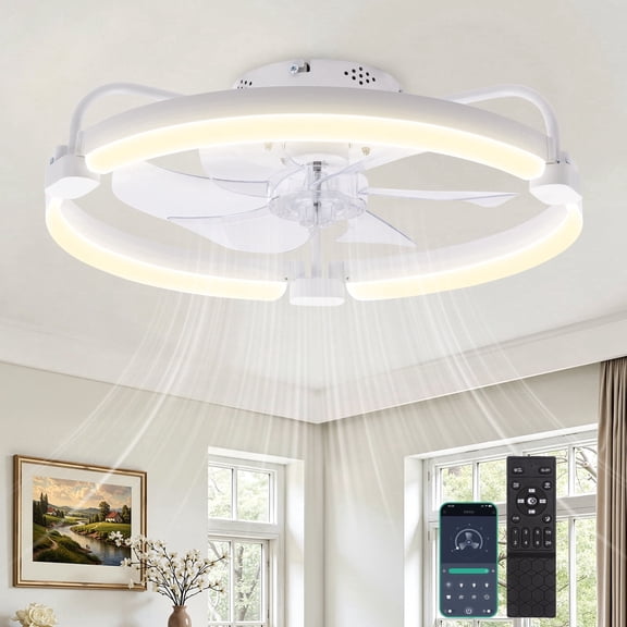 Topotdor 20" Ceiling Fan with Light, App&Remote Control, 6 Speed Reversible Quiet Motor, Aluminum Low Profile Flush Mount Ceiling Fan, 30006000K Dimmable LED Fandelier Ceiling Fan for Bedroom White