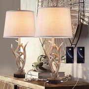 Topotdor 2pcs 26" Vintage Table Lamp Set Bedside Lamp with Dual USB Port, Farmhouse Table Lamp with DIY Linen Lampshade Natural Antler Nightstand Lamp for Living Room Bedroom Home Office